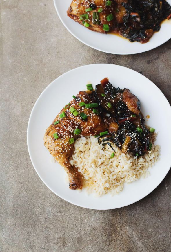 Sesame Braised Chicken with Squash and Chard
